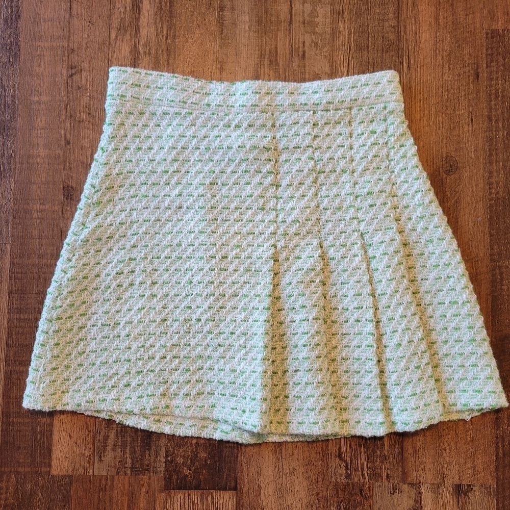 Green Tweed Pleated School Girl Mini Skirt